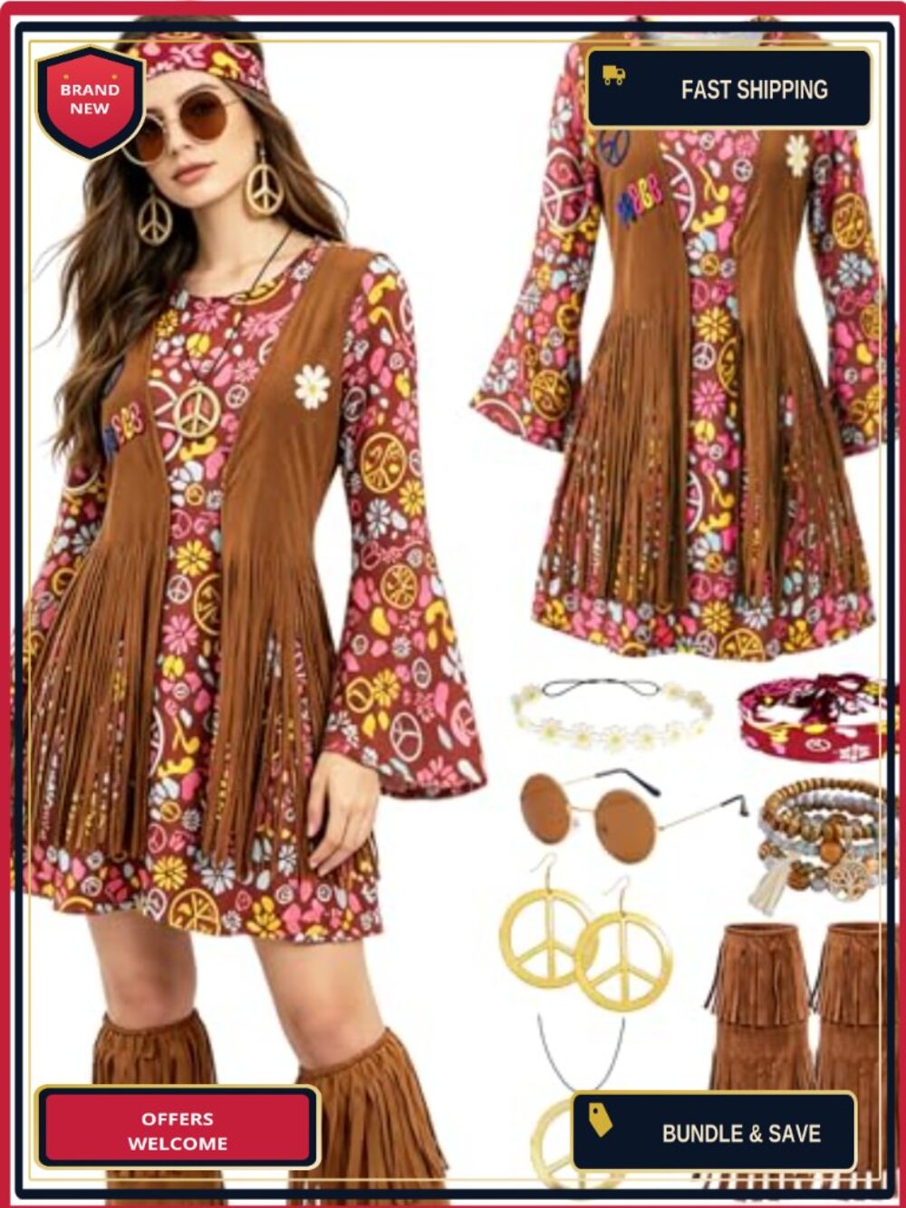 60s 70s Hippie Outfit Set Fringe Dress Boot Covers Headband Costume